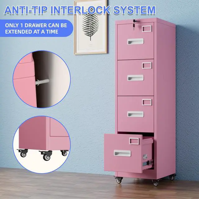 Alt view image 6 of 7 - 4 Drawer Metal File Cabinet with Lock and Wheels, Pink | 17.7"D x 15"W x 54"H pink vertical steel cabinet for letter/legal files; anti-tilt interlock; assembly required