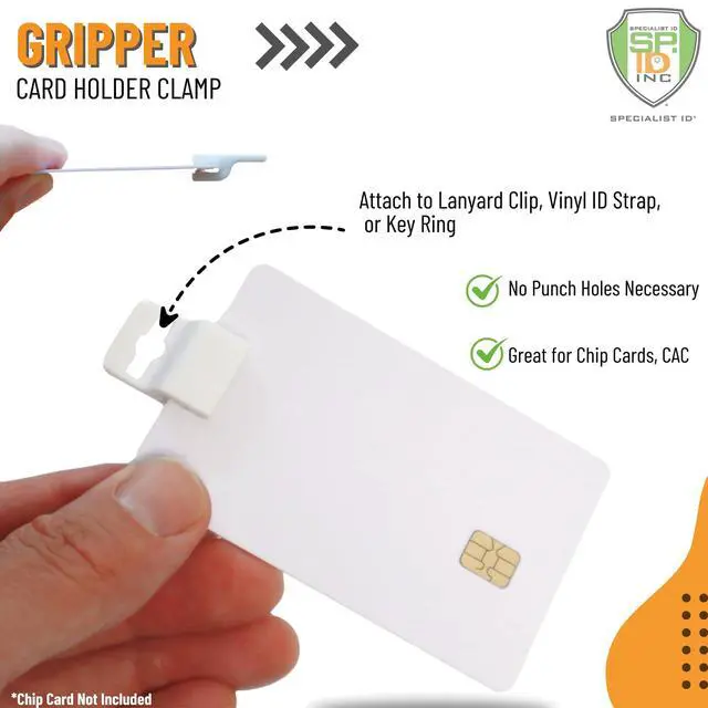 Alt view image 2 of 7 - Bulk 100 Pack - White Gripper Card Holder Clamp - Holds Standard Credit Card Size (Max 30 Mil Thick) - Badge Holder for Work I'd, Smart Card, CAC, Chip or Swipe Access Card