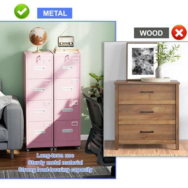 Alt view image 7 of 7 - 4 Drawer Metal File Cabinet with Lock and Wheels, Pink | 17.7"D x 15"W x 54"H pink vertical steel cabinet for letter/legal files; anti-tilt interlock; assembly required