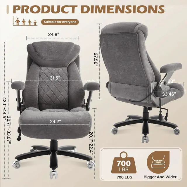 Alt view image 2 of 7 - Fabric 700lbs Big and Tall Office Chair, Ergonomic Heavy Duty Executive Cloth Office Chair with 5D Flip Arms & Adjustable Lumbar Support & Dual Rubber Wheel, Large Thick Padded Extra Wide Seat, Grey