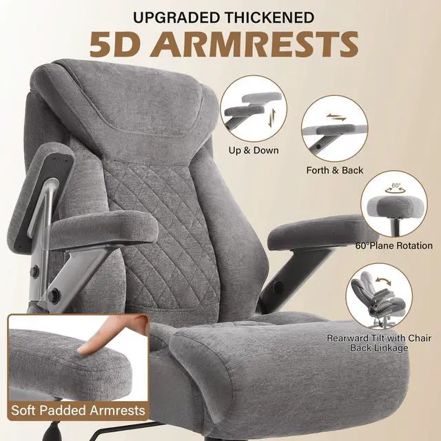 Alt view image 3 of 7 - Fabric 700lbs Big and Tall Office Chair, Ergonomic Heavy Duty Executive Cloth Office Chair with 5D Flip Arms & Adjustable Lumbar Support & Dual Rubber Wheel, Large Thick Padded Extra Wide Seat, Grey