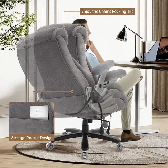 Alt view image 5 of 7 - Fabric 700lbs Big and Tall Office Chair, Ergonomic Heavy Duty Executive Cloth Office Chair with 5D Flip Arms & Adjustable Lumbar Support & Dual Rubber Wheel, Large Thick Padded Extra Wide Seat, Grey