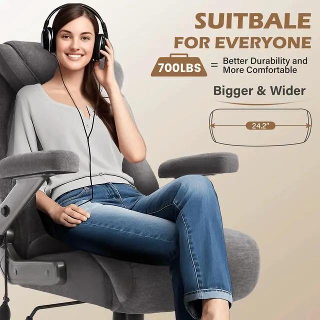 Alt view image 6 of 7 - Fabric 700lbs Big and Tall Office Chair, Ergonomic Heavy Duty Executive Cloth Office Chair with 5D Flip Arms & Adjustable Lumbar Support & Dual Rubber Wheel, Large Thick Padded Extra Wide Seat, Grey