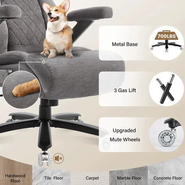 Alt view image 7 of 7 - Fabric 700lbs Big and Tall Office Chair, Ergonomic Heavy Duty Executive Cloth Office Chair with 5D Flip Arms & Adjustable Lumbar Support & Dual Rubber Wheel, Large Thick Padded Extra Wide Seat, Grey