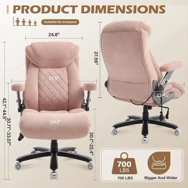 Alt view image 2 of 7 - Fabric 700lbs Big and Tall Office Chair, Ergonomic Heavy Duty Executive Cloth Office Chair with 5D Flip Arms & Adjustable Lumbar Support & Dual Rubber Wheel, Large Thick Padded Extra Wide Seat, Pink