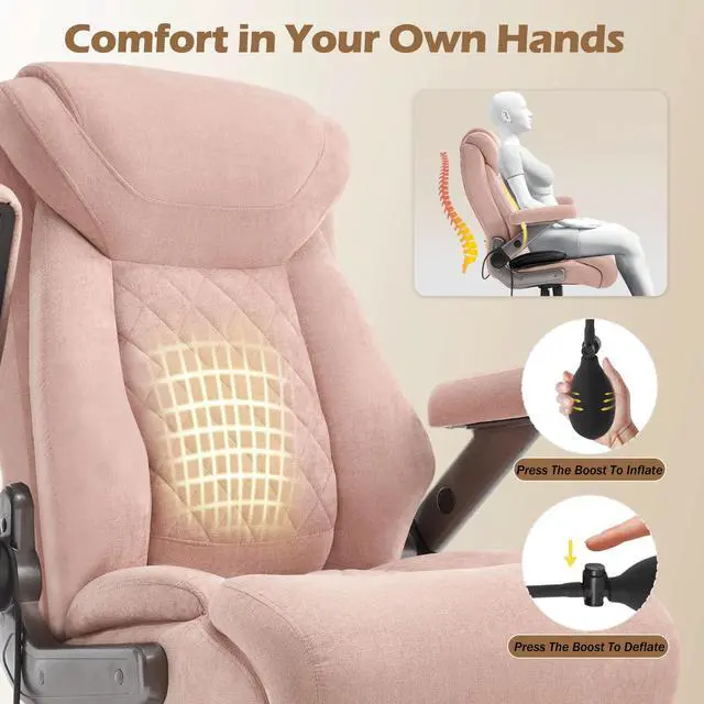 Alt view image 5 of 7 - Fabric 700lbs Big and Tall Office Chair, Ergonomic Heavy Duty Executive Cloth Office Chair with 5D Flip Arms & Adjustable Lumbar Support & Dual Rubber Wheel, Large Thick Padded Extra Wide Seat, Pink