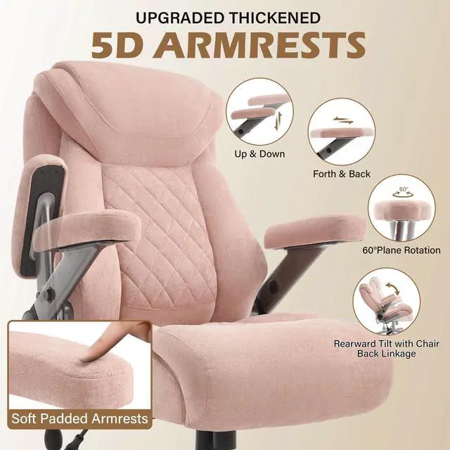 Alt view image 4 of 7 - Fabric 700lbs Big and Tall Office Chair, Ergonomic Heavy Duty Executive Cloth Office Chair with 5D Flip Arms & Adjustable Lumbar Support & Dual Rubber Wheel, Large Thick Padded Extra Wide Seat, Pink