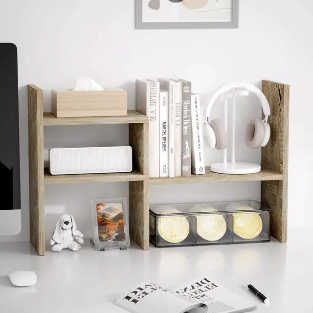 Main image of Office Desk Organizers and Accessories for College Dorm Decor, Supplies Wooden Desk Organizer for Plants, Cubicle Shelf of Makeup Organizer for Cute Room Decor, Grey Oak