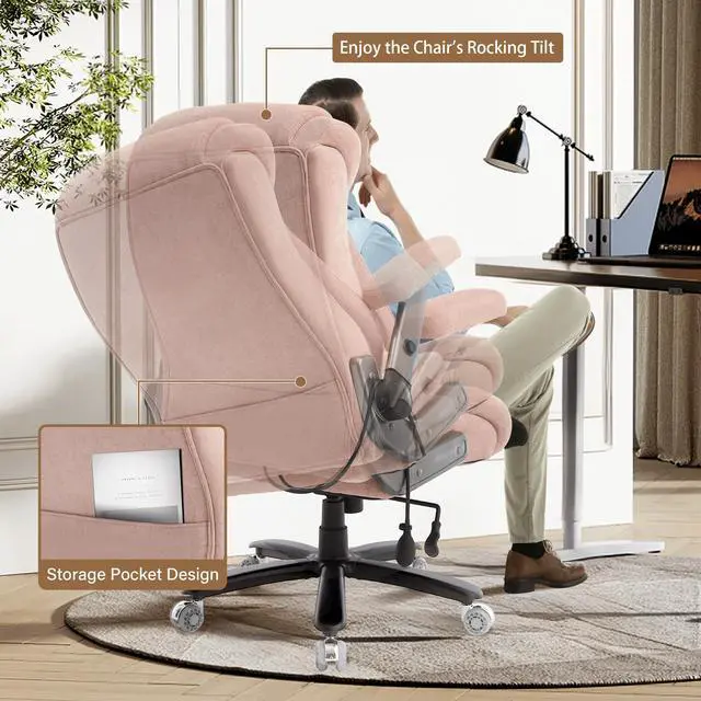 Alt view image 6 of 7 - Fabric 700lbs Big and Tall Office Chair, Ergonomic Heavy Duty Executive Cloth Office Chair with 5D Flip Arms & Adjustable Lumbar Support & Dual Rubber Wheel, Large Thick Padded Extra Wide Seat, Pink