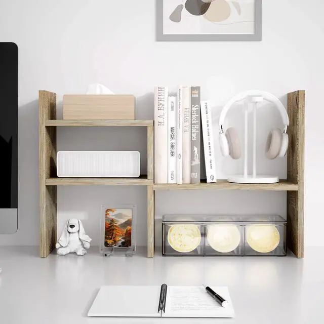 Alt view image 3 of 7 - Office Desk Organizers and Accessories for College Dorm Decor, Supplies Wooden Desk Organizer for Plants, Cubicle Shelf of Makeup Organizer for Cute Room Decor, Grey Oak