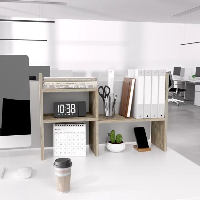 Alt view image 6 of 7 - Office Desk Organizers and Accessories for College Dorm Decor, Supplies Wooden Desk Organizer for Plants, Cubicle Shelf of Makeup Organizer for Cute Room Decor, Grey Oak