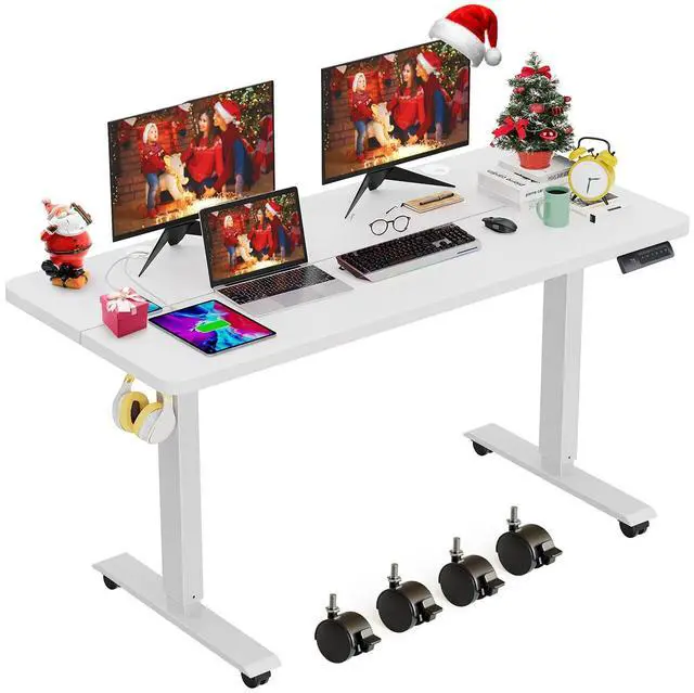 Main image of Electric Standing Desk Adjustable Height, 48x24 Inches Stand Up Desk with 4 Preset Heights, Lockable Casters, Double Hooks,27''-46'' Lifting Range Home Office Computer DeskWhite