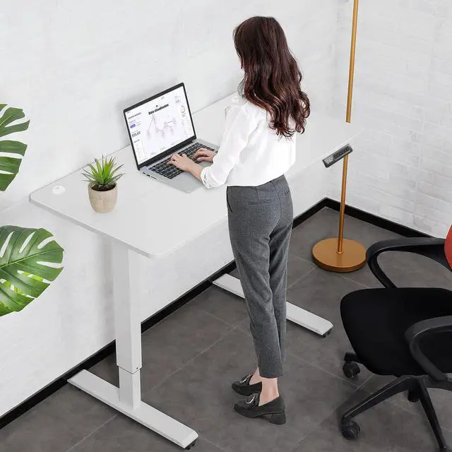 Alt view image 3 of 7 - Electric Standing Desk Adjustable Height, 55x24 Inches Computer Desk with 4 Preset Heights, Double Metal Hook, Rolling Wheels, Multifunctional Stand up Desk for Home/Office(White)