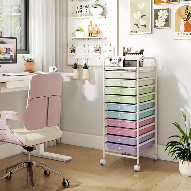 Alt view image 2 of 7 - 10 Drawer Storage Cart, Rolling Craft Cart w/Metal Tabletop | Mobile Utility Organizer Trolley with Locking Wheel, Storage Drawer Unit for Home Office, Play Room, Pastel Ice Cream