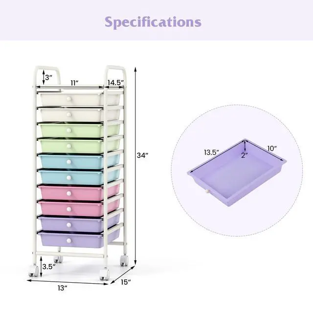 Alt view image 3 of 7 - 10 Drawer Storage Cart, Rolling Craft Cart w/Metal Tabletop | Mobile Utility Organizer Trolley with Locking Wheel, Storage Drawer Unit for Home Office, Play Room, Pastel Ice Cream