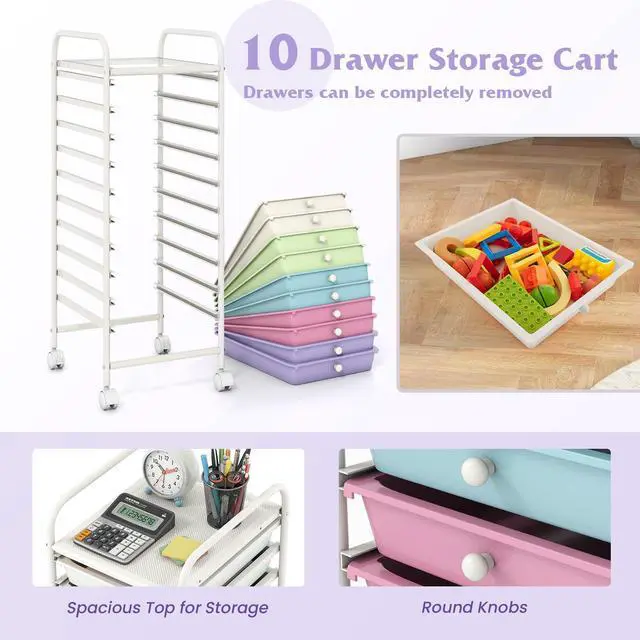 Alt view image 4 of 7 - 10 Drawer Storage Cart, Rolling Craft Cart w/Metal Tabletop | Mobile Utility Organizer Trolley with Locking Wheel, Storage Drawer Unit for Home Office, Play Room, Pastel Ice Cream