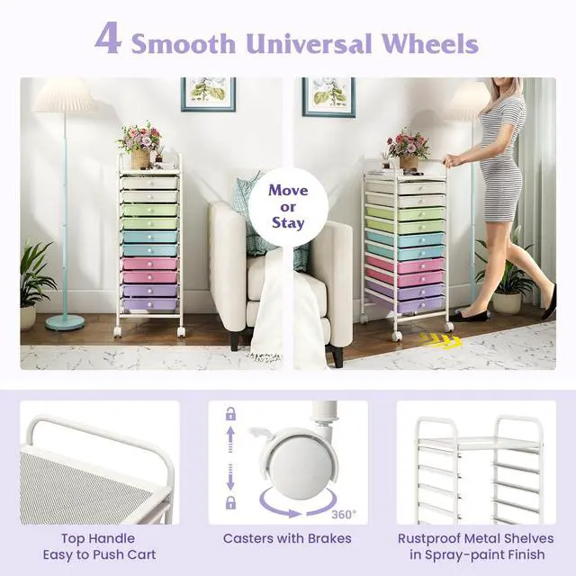 Alt view image 5 of 7 - 10 Drawer Storage Cart, Rolling Craft Cart w/Metal Tabletop | Mobile Utility Organizer Trolley with Locking Wheel, Storage Drawer Unit for Home Office, Play Room, Pastel Ice Cream