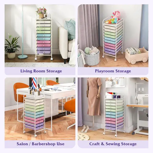 Alt view image 6 of 7 - 10 Drawer Storage Cart, Rolling Craft Cart w/Metal Tabletop | Mobile Utility Organizer Trolley with Locking Wheel, Storage Drawer Unit for Home Office, Play Room, Pastel Ice Cream