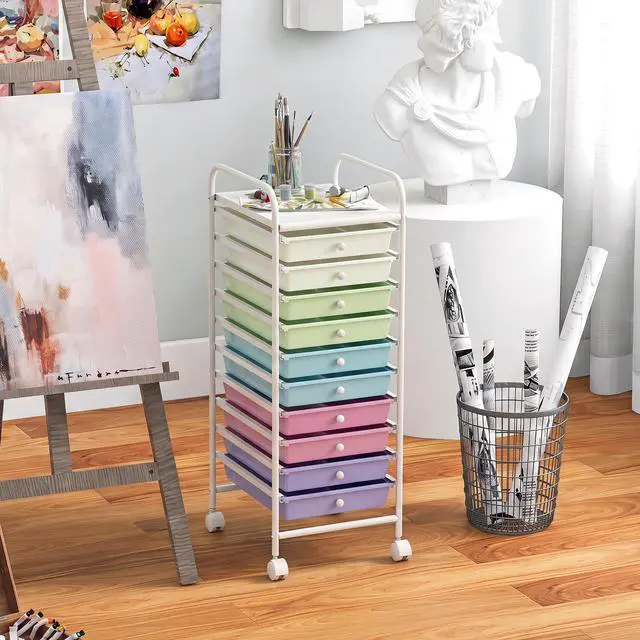 Alt view image 7 of 7 - 10 Drawer Storage Cart, Rolling Craft Cart w/Metal Tabletop | Mobile Utility Organizer Trolley with Locking Wheel, Storage Drawer Unit for Home Office, Play Room, Pastel Ice Cream