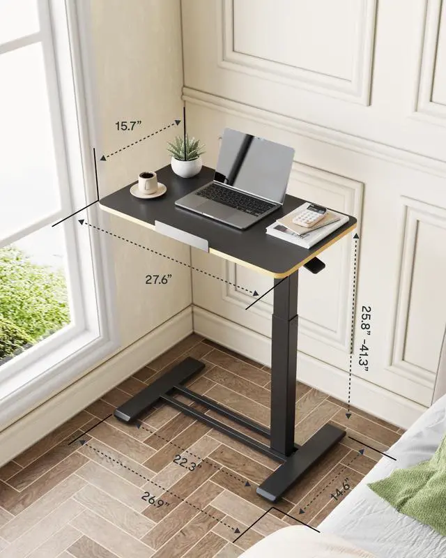 Alt view image 3 of 7 - H7 PRO 90° Tiltable Mobile Overbed Table with Pneumatic Lift,28'' | Foldable bedside table with adjustable desktop for laptop, Rolling Computer Cart and bed sofa.27.6" W x 15.7" D,Black Maple
