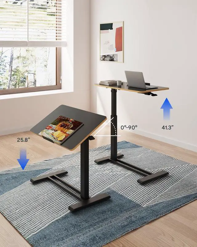 Alt view image 2 of 7 - H7 PRO 90° Tiltable Mobile Overbed Table with Pneumatic Lift,28'' | Foldable bedside table with adjustable desktop for laptop, Rolling Computer Cart and bed sofa.27.6" W x 15.7" D,Black Maple
