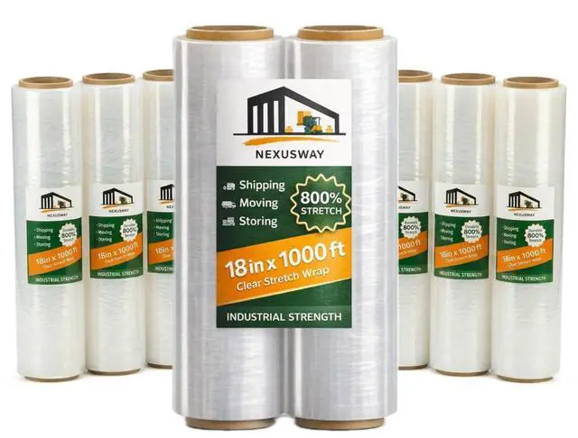 Main image of NEXUSWAY 18'' Stretch Film Wrap for Moving - Stretch Film Pallet Wrap Roll Heavy Duty 1000 feet 80 Gauge Industrial Strength up to 800% Stretch 20 Microns for Shipping Moving Furniture (Pack of 8)