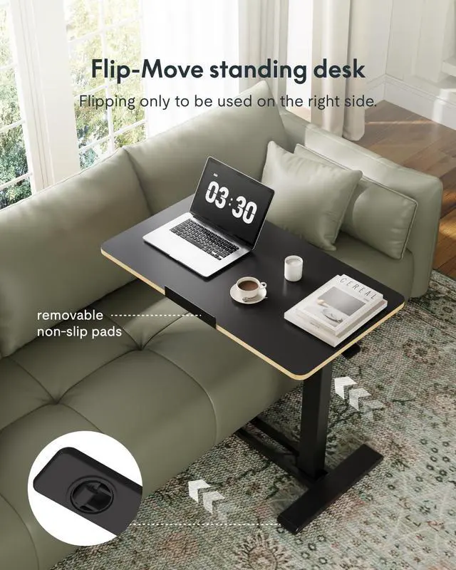 Alt view image 5 of 7 - H7 PRO 90° Tiltable Mobile Overbed Table with Pneumatic Lift,28'' | Foldable bedside table with adjustable desktop for laptop, Rolling Computer Cart and bed sofa.27.6" W x 15.7" D,Black Maple