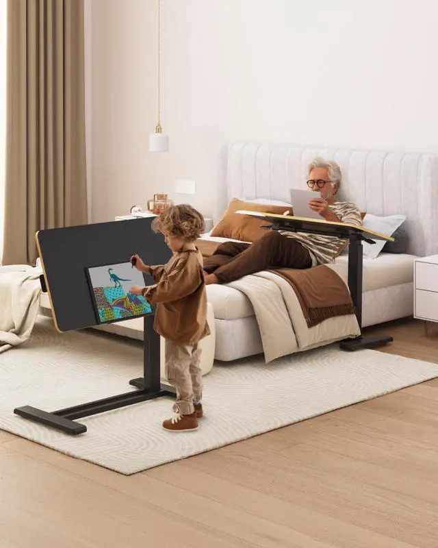 Alt view image 7 of 7 - H7 PRO 90° Tiltable Mobile Overbed Table with Pneumatic Lift,28'' | Foldable bedside table with adjustable desktop for laptop, Rolling Computer Cart and bed sofa.27.6" W x 15.7" D,Black Maple