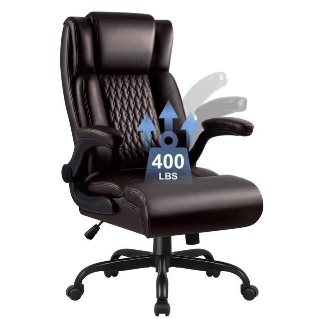 Alt view image 3 of 7 - Office Chair, Big and Tall 400LBS Heavy Duty Executive Office Desk Chair with Flip-up Armrest, Ergonomic Swivel High Back Office Chairs with Lumbar Support, PU Leather (Brown)