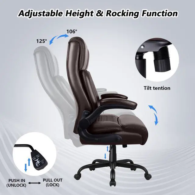 Alt view image 5 of 7 - Office Chair, Big and Tall 400LBS Heavy Duty Executive Office Desk Chair with Flip-up Armrest, Ergonomic Swivel High Back Office Chairs with Lumbar Support, PU Leather (Brown)