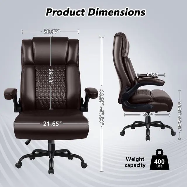 Alt view image 2 of 7 - Office Chair, Big and Tall 400LBS Heavy Duty Executive Office Desk Chair with Flip-up Armrest, Ergonomic Swivel High Back Office Chairs with Lumbar Support, PU Leather (Brown)