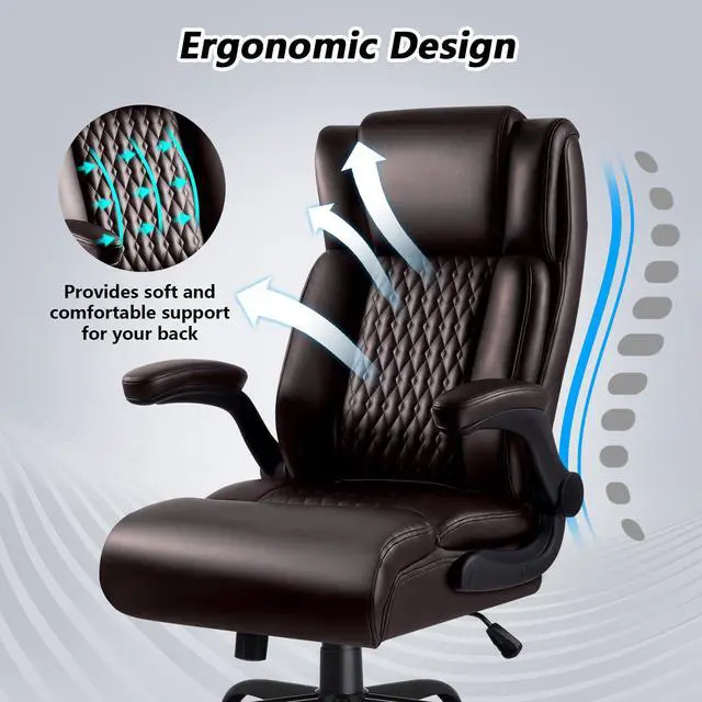 Alt view image 6 of 7 - Office Chair, Big and Tall 400LBS Heavy Duty Executive Office Desk Chair with Flip-up Armrest, Ergonomic Swivel High Back Office Chairs with Lumbar Support, PU Leather (Brown)