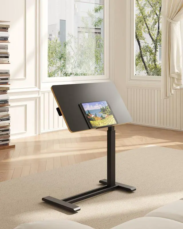 Alt view image 6 of 7 - H7 PRO 90° Tiltable Mobile Overbed Table with Pneumatic Lift,28'' | Foldable bedside table with adjustable desktop for laptop, Rolling Computer Cart and bed sofa.27.6" W x 15.7" D,Black Maple