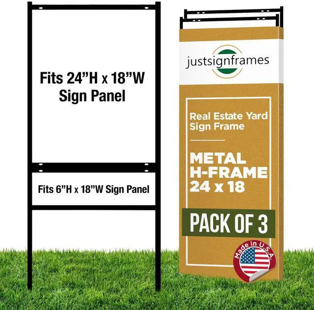 Main image of Real Estate H-Frame Yard Signs with 1 Rider, 24 x 18 in, Black, 3 Packs | Durable, Weather-Resistant Slide-In Assembly, Holds Foam Board & Poster Board, 3/4" Angle Iron, Steel Stakes for Outdoor Use