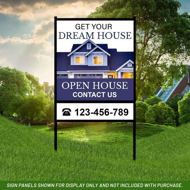 Alt view image 6 of 6 - Real Estate H-Frame Yard Signs with 1 Rider, 24 x 18 in, Black, 3 Packs | Durable, Weather-Resistant Slide-In Assembly, Holds Foam Board & Poster Board, 3/4" Angle Iron, Steel Stakes for Outdoor Use