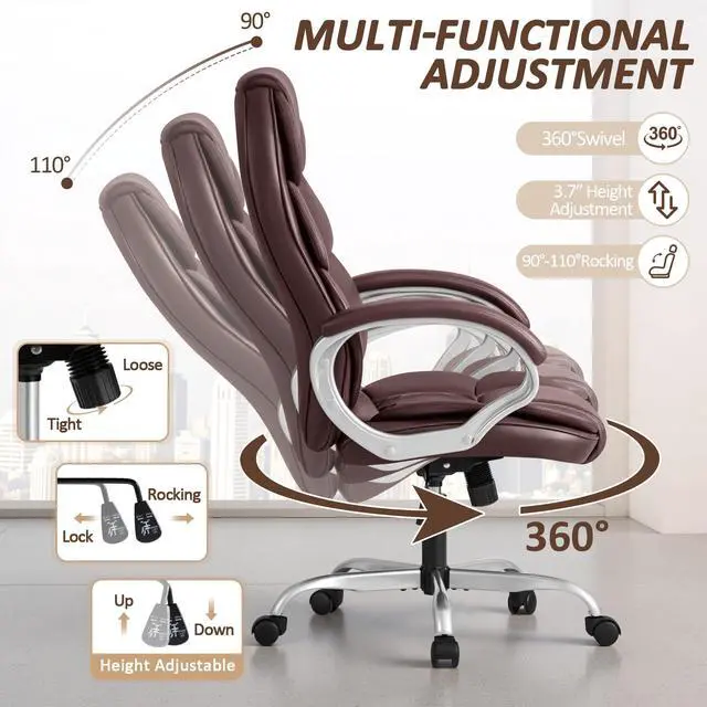 Alt view image 4 of 7 - Office Chair High Back Computer Chair Ergonomic Desk Chair, PU Leather Adjustable Height Modern Executive Swivel Task Chair with Padded Armrests and Lumbar Support (Brown)