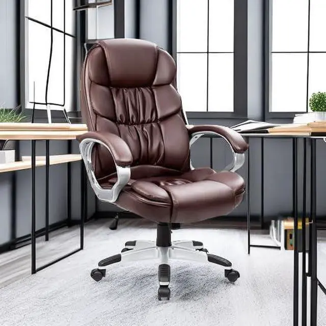 Alt view image 2 of 7 - Office Chair High Back Computer Chair Ergonomic Desk Chair, PU Leather Adjustable Height Modern Executive Swivel Task Chair with Padded Armrests and Lumbar Support (Brown)
