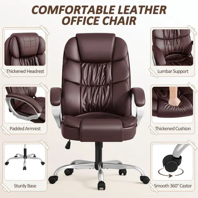 Alt view image 6 of 7 - Office Chair High Back Computer Chair Ergonomic Desk Chair, PU Leather Adjustable Height Modern Executive Swivel Task Chair with Padded Armrests and Lumbar Support (Brown)