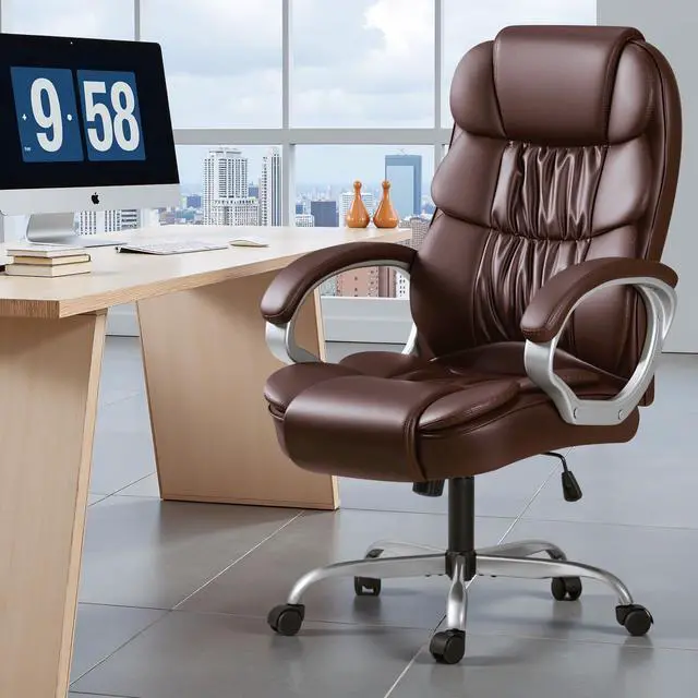 Alt view image 7 of 7 - Office Chair High Back Computer Chair Ergonomic Desk Chair, PU Leather Adjustable Height Modern Executive Swivel Task Chair with Padded Armrests and Lumbar Support (Brown)