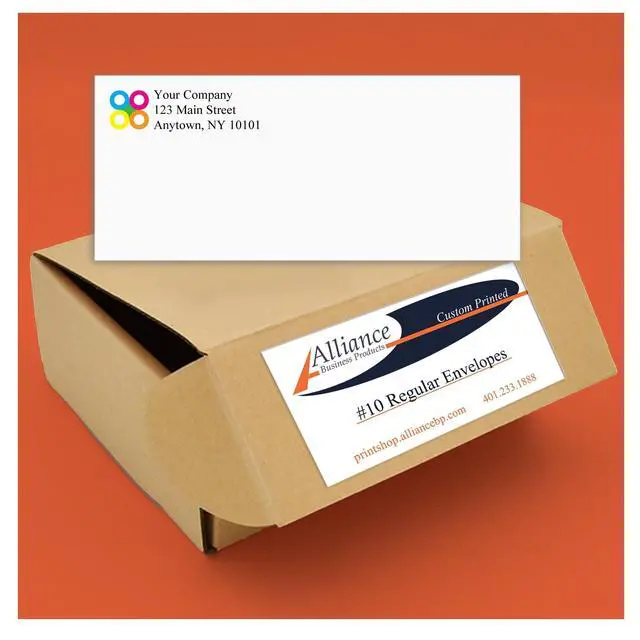 Alt view image 3 of 3 - 500 Printed Regular Envelopes #10, White, Gummed Enclosure or Optional Self Seal Security Tint, Text and Logo Customization, Size 4-1/8 x 9-1/2 Inches, 24 LB