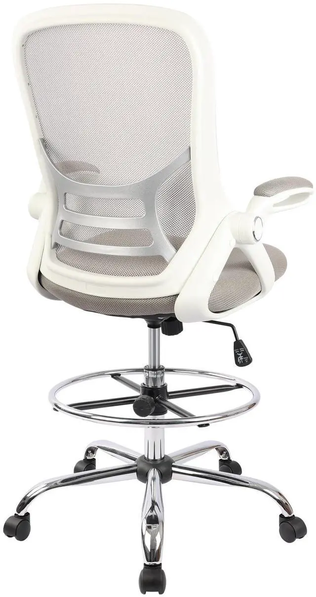Main image of Drafting Chair, Tall Office Chair Standing Desk Stool with Adjustable Foot Ring, Flip-Up Arms, Mesh High-Back Drafting Table Chair, White & Grey