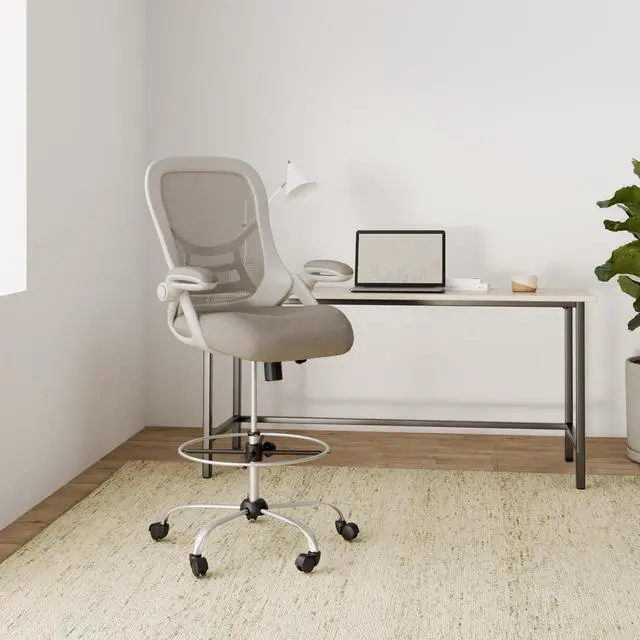 Alt view image 2 of 7 - Drafting Chair, Tall Office Chair Standing Desk Stool with Adjustable Foot Ring, Flip-Up Arms, Mesh High-Back Drafting Table Chair, White & Grey
