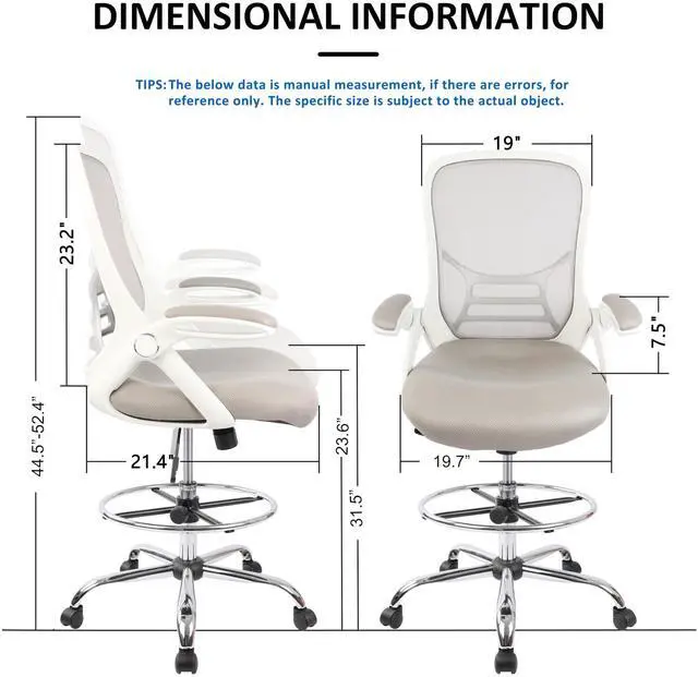 Alt view image 3 of 7 - Drafting Chair, Tall Office Chair Standing Desk Stool with Adjustable Foot Ring, Flip-Up Arms, Mesh High-Back Drafting Table Chair, White & Grey