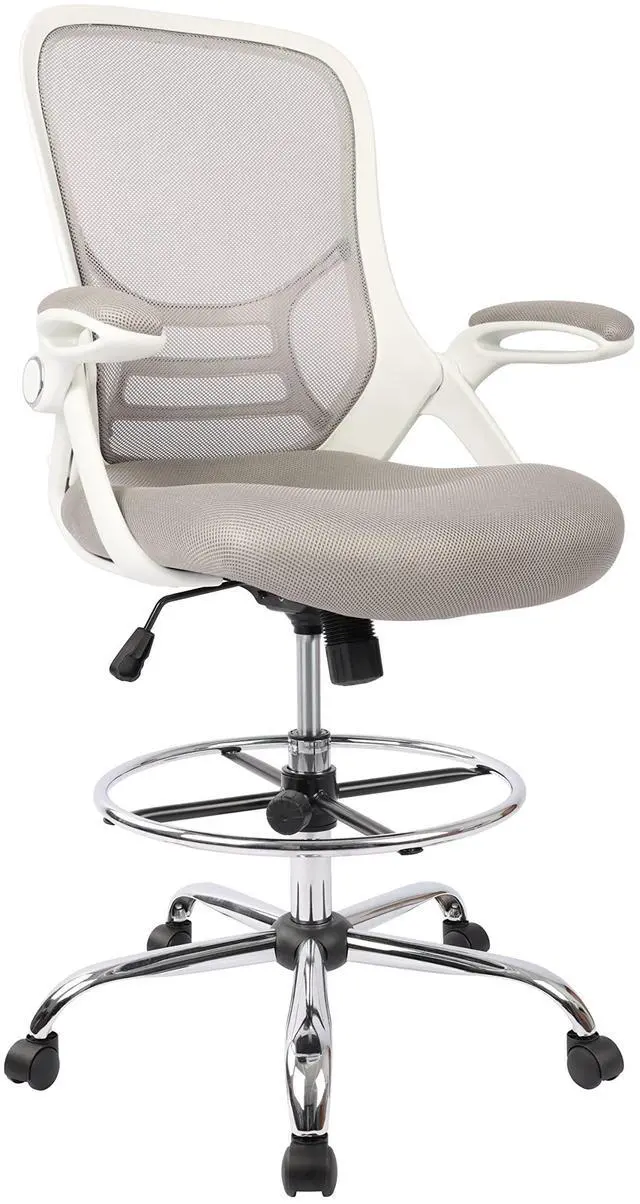 Alt view image 4 of 7 - Drafting Chair, Tall Office Chair Standing Desk Stool with Adjustable Foot Ring, Flip-Up Arms, Mesh High-Back Drafting Table Chair, White & Grey