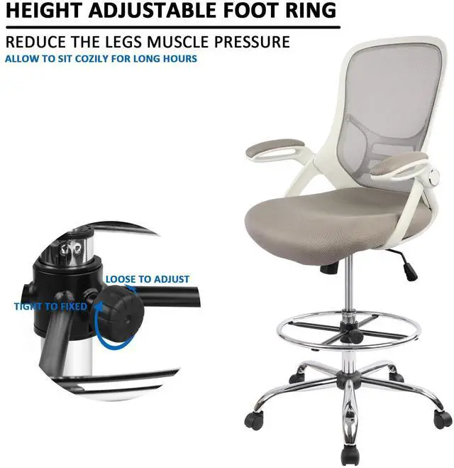 Alt view image 6 of 7 - Drafting Chair, Tall Office Chair Standing Desk Stool with Adjustable Foot Ring, Flip-Up Arms, Mesh High-Back Drafting Table Chair, White & Grey