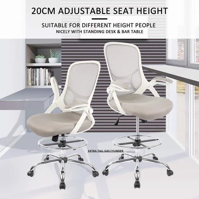 Alt view image 7 of 7 - Drafting Chair, Tall Office Chair Standing Desk Stool with Adjustable Foot Ring, Flip-Up Arms, Mesh High-Back Drafting Table Chair, White & Grey