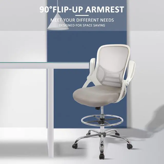 Alt view image 5 of 7 - Drafting Chair, Tall Office Chair Standing Desk Stool with Adjustable Foot Ring, Flip-Up Arms, Mesh High-Back Drafting Table Chair, White & Grey