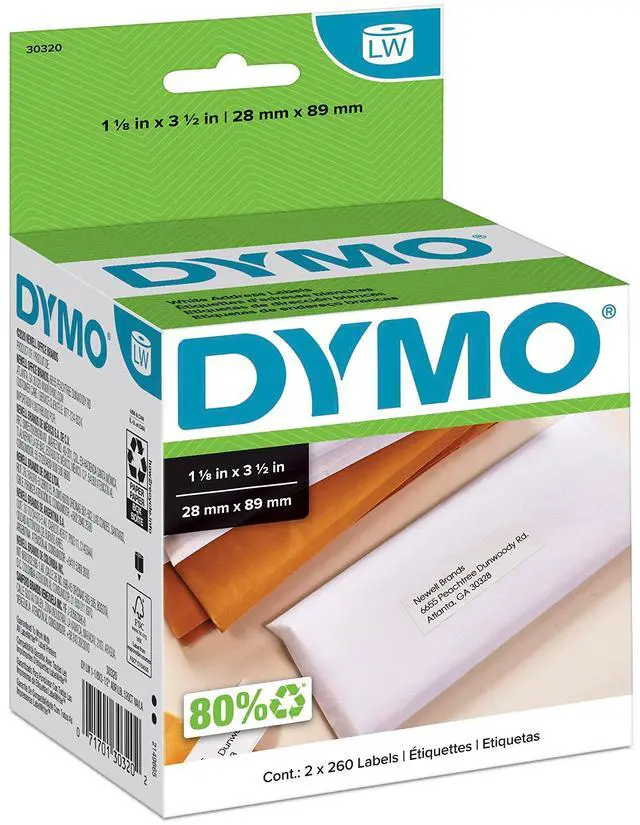 Main image of LW Mailing Address Labels for LabelWriter Label Printers, White, 1-1/8'' x 3-1/2'', 2 Rolls of 260