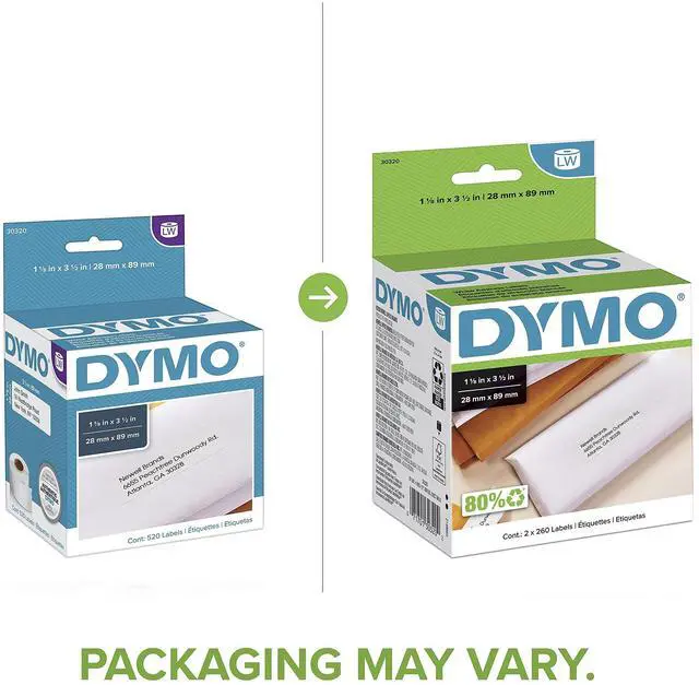 Alt view image 2 of 7 - LW Mailing Address Labels for LabelWriter Label Printers, White, 1-1/8'' x 3-1/2'', 2 Rolls of 260