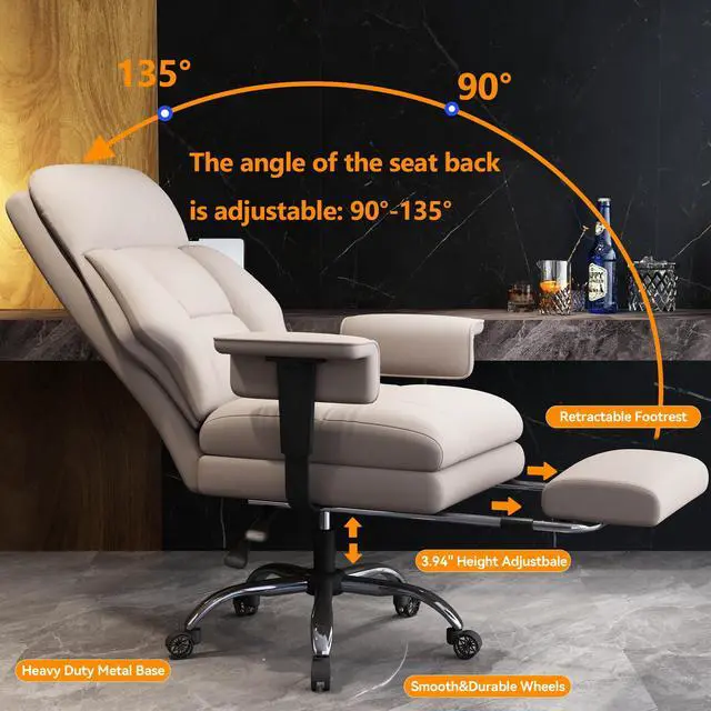 Alt view image 6 of 7 - Office Chair with Leg Rest, Leather High Back Executive Office Chair with Wheels, Ergonomic Desk Chairs with Lumbar Support for Home Office